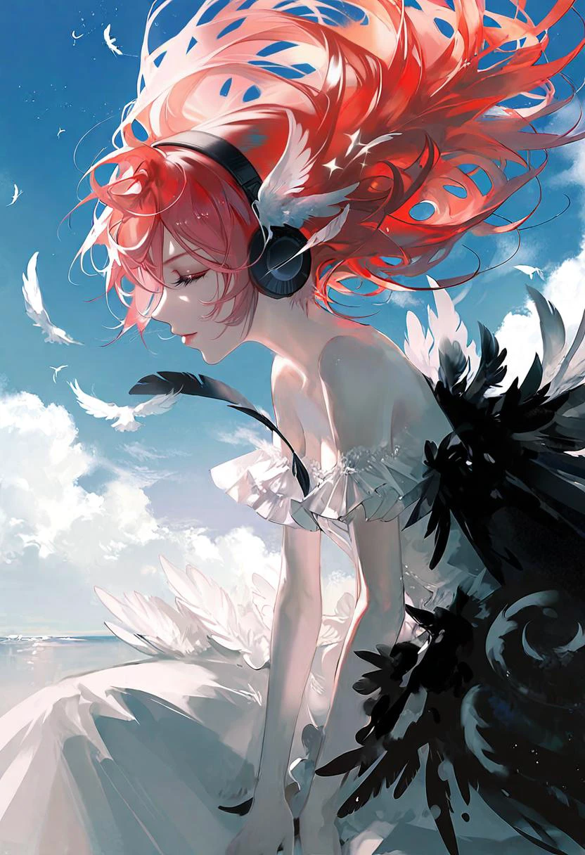 by rella, by Agnes Cecile, <lora:Rella:0.5>,
break
1girl, detailed long hair, floating hair, wind effect, multicolored hair, transparent, reflective, beautiful and breathtaking hairstyle, (intricate detailed hair:1.4), mizura, pinterest hairstyles, hairstyle inspired by Alexander McQueen and Dan O'Bannon, crazy alternate hairstyle, <lora:hair_style:1>,
break
angel wing, barefoot, strapless, bare shoulders, white dress, headphone,
break
flying, clear blue sky, cloud, cloudy sky, star, star(sky), feathers, music, music is playing,
BREAK
clarity, hyper emotional,
BREAK
(close up:1.5), looking away,
break
beautiful, aesthetic, detailed, beautiful color,
break
amazing quality, best quality, high quality,