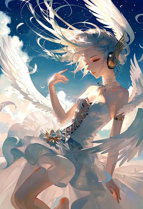 by rella, by Victo Ngai, <lora:Rella:0.5>,
break
1girl, detailed long hair, floating hair, wind effect, multicolored hair, transparent, reflective, beautiful and breathtaking hairstyle, (intricate detailed hair:1.4), twin braids, pinterest hairstyles, hairstyle inspired by Vivienne Westwood and Terry Brooks,  crazy alternate hairstyle, <lora:hair_style:1>,  
break
angel wing, barefoot, strapless, bare shoulders, white dress, headphone,
break
flying, clear blue sky, cloud, cloudy sky, star, star(sky), feathers, music, music is playing,
BREAK
clarity, hyper emotional,
BREAK
 (close up:1.5), looking away,
break
beautiful, aesthetic, detailed, beautiful color, 
break
amazing quality, best quality, high quality,