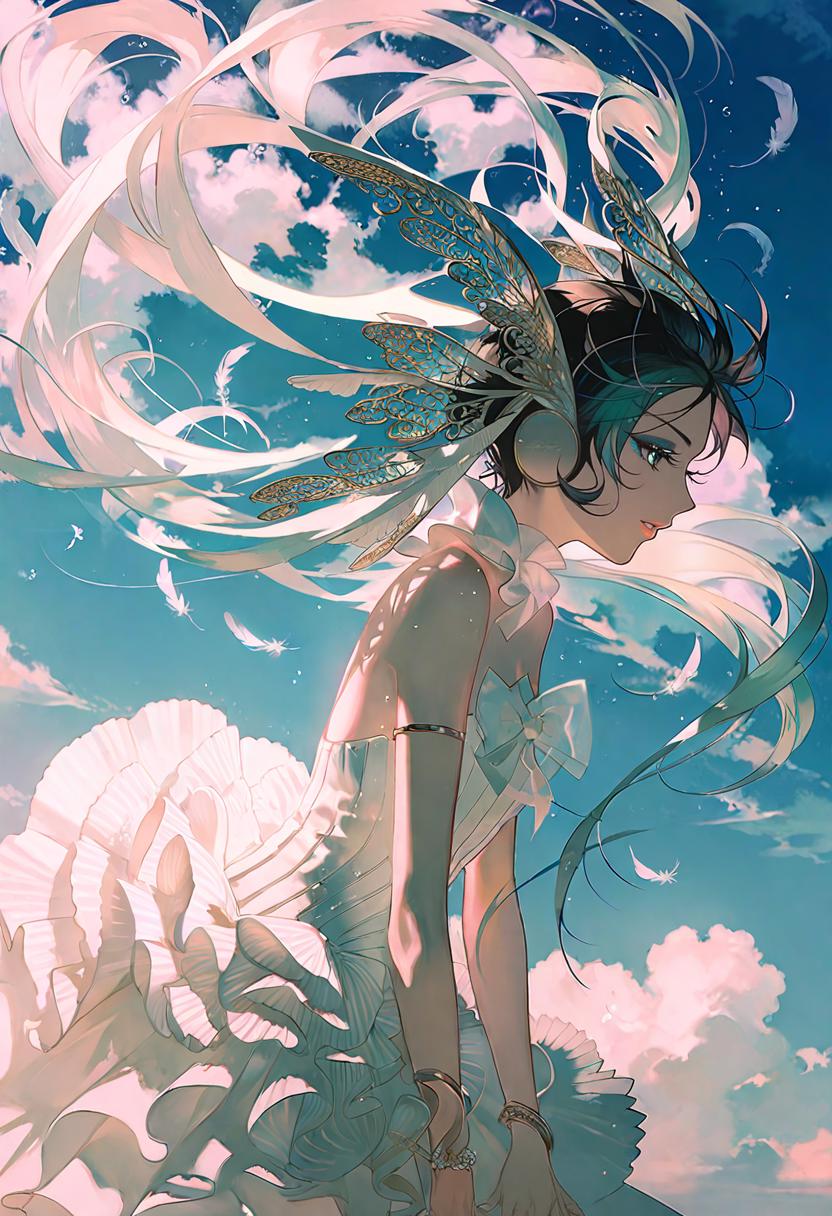 Anime girl with long hair and white dress standing in the sky - SeaArt AI