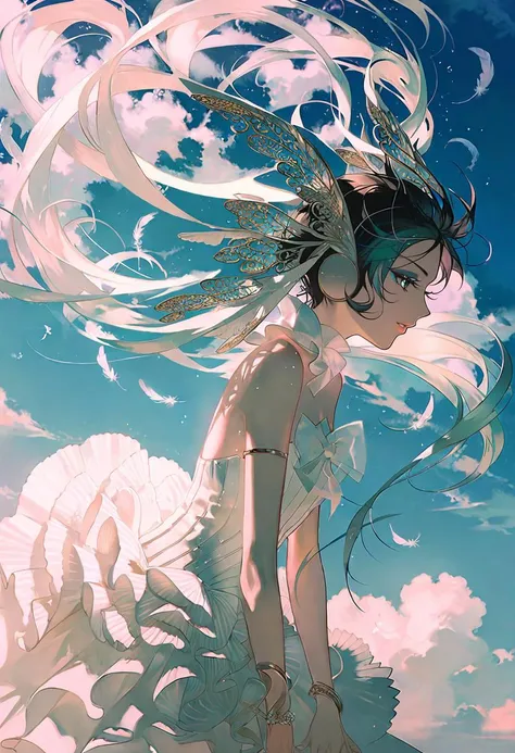 by rella, by Victo Ngai, <lora:Rella:0.5>,
break
1girl, detailed long hair, floating hair, wind effect, multicolored hair, transparent, reflective, beautiful and breathtaking hairstyle, (intricate detailed hair:1.4), front braid, pinterest hairstyles, hairstyle inspired by Marc Jacobs and Edmond Hamilton, crazy alternate hairstyle, <lora:hair_style:1>,
break
angel wing, barefoot, strapless, bare shoulders, white dress, headphone,
break
flying, clear blue sky, cloud, cloudy sky, star, star(sky), feathers, music, music is playing,
BREAK
clarity, hyper emotional,
BREAK
from side, looking away,
break
beautiful, aesthetic, detailed, beautiful color,
break
amazing quality, best quality, high quality,