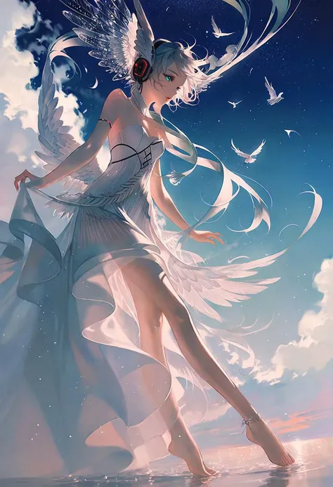 by rella, by Victo Ngai, <lora:Rella:0.5>,
break
1girl, detailed long hair, floating hair, wind effect, multicolored hair, transparent, reflective, beautiful and breathtaking hairstyle, (intricate detailed hair:1.4), short twintails, pinterest hairstyles, hairstyle inspired by Yamamoto Yohji and Julian Schnabel, crazy alternate hairstyle, <lora:hair_style:1>,
break
angel wing, barefoot, strapless, bare shoulders, white dress, headphone,
break
flying, clear blue sky, cloud, cloudy sky, star, star(sky), feathers, music, music is playing,
BREAK
clarity, hyper emotional,
BREAK
perspective from below, looking at viewer,
break
beautiful, aesthetic, detailed, beautiful color,
break
amazing quality, best quality, high quality,