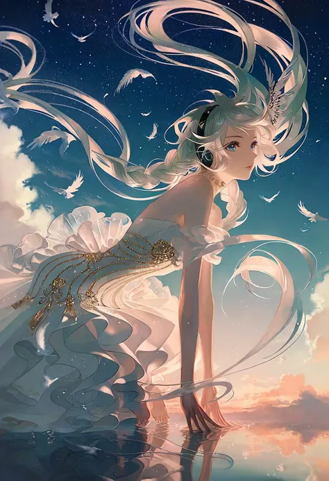 by rella, by Victo Ngai, <lora:Rella:0.5>,
break
1girl, detailed long hair, floating hair, wind effect, multicolored hair, transparent, reflective, beautiful and breathtaking hairstyle, (intricate detailed hair:1.4), quad braids, pinterest hairstyles, hairstyle inspired by Donatella Versace and Edmond Hamilton,  crazy alternate hairstyle, <lora:hair_style:1>,  
break
angel wing, barefoot, strapless, bare shoulders, white dress, headphone,
break
flying, clear blue sky, cloud, cloudy sky, star, star(sky), feathers, music, music is playing,
BREAK
clarity, hyper emotional,
BREAK
 from side, looking at viewer,
break
beautiful, aesthetic, detailed, beautiful color, 
break
amazing quality, best quality, high quality,