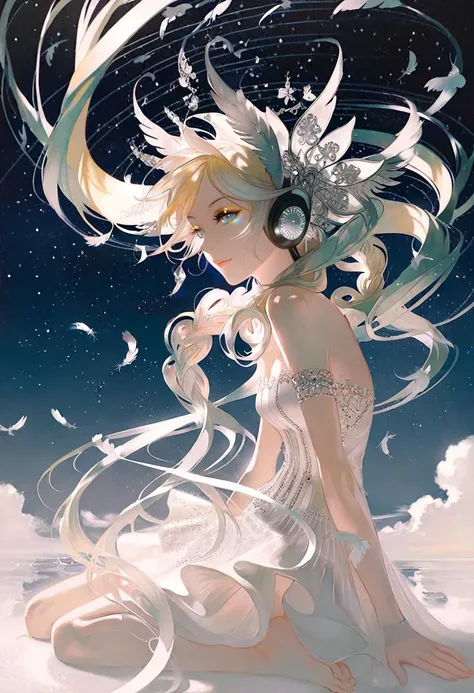 by rella, by Victo Ngai, <lora:Rella:0.5>,
break
1girl, detailed long hair, floating hair, wind effect, multicolored hair, transparent, reflective, beautiful and breathtaking hairstyle, (intricate detailed hair:1.4), low twin braids, pinterest hairstyles, hairstyle inspired by Donatella Versace and Kaws,  crazy alternate hairstyle, <lora:hair_style:1>,  
break
angel wing, barefoot, strapless, bare shoulders, white dress, headphone,
break
flying, clear blue sky, cloud, cloudy sky, star, star(sky), feathers, music, music is playing,
BREAK
clarity, hyper emotional,
BREAK
 (close up:1.5), looking away,
break
beautiful, aesthetic, detailed, beautiful color, 
break
amazing quality, best quality, high quality,