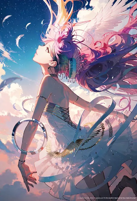 by rella, by Leiji Matsumoto, <lora:Rella:0.5>,
break
1girl, detailed long hair, floating hair, wind effect, multicolored hair, transparent, reflective, beautiful and breathtaking hairstyle, (intricate detailed hair:1.4), single hair bun, pinterest hairstyles, hairstyle inspired by Kate Ker-Lane and Jessi Reaves, crazy alternate hairstyle, <lora:hair_style:1>,
break
angel wing, barefoot, strapless, bare shoulders, white dress, headphone,
break
flying, clear blue sky, cloud, cloudy sky, star, star(sky), feathers, music, music is playing,
BREAK
clarity, hyper emotional,
BREAK
dutch angle, looking away,
break
beautiful, aesthetic, detailed, beautiful color,
break
amazing quality, best quality, high quality,
