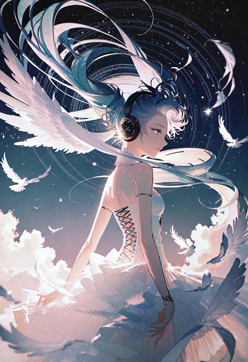Anime girl with white hair and wings in the sky - SeaArt AI