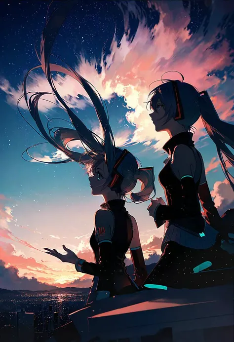 by rella, <lora:Rella:0.5>,
break
hatsune_miku, good-looking, Beaming, Tenacious,
break
 dynamic angle, looking away,
break
clear blue sky, cloud, cloudy sky, sunset, city, building, star, starry sky, space, nebula, aurora, milky way,
break
 [cel shading:flat color:0.6],
break
beautiful, aesthetic, detailed, beautiful color,
break
amazing quality, best quality, high quality,