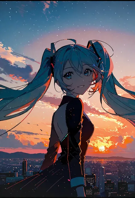 by rella, by ask, <lora:Rella:0.3>,
break
hatsune_miku, solo, detailed face, detailed hair, desirable, Joyful, Durable,
break
 dutch angle, looking at viewer,
break
clear blue sky, cloud, cloudy sky, sunset, city, building, star, starry sky,  
break
 [3d:impasto:0.6],
break
beautiful, aesthetic, detailed, beautiful color, transparent,
break
amazing quality, best quality, high quality,