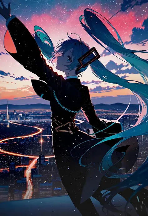 by rella, <lora:Rella:0.3>,
break
hatsune_miku, solo, showstopping, Merry, Hardy,
break
 from side, looking at viewer,
break
clear blue sky, cloud, cloudy sky, sunset, city, building, star, starry sky, space, nebula, aurora, milky way, earth, moon,
break
 [flat-pasto:impasto:0.6],
break
beautiful, aesthetic, detailed, beautiful color,
break
amazing quality, best quality, high quality,