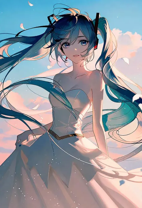 by rella, by ask, <lora:Rella:0.3>, 
break
watercolor,
break
hatsune_miku, solo, parted lips, detailed face, detailed eyes, detailed hair, wind effect, 
break
strapless, bare shoulders, collarbone, Silk wedding dress, inspired by Gucci Westman,
break
fashionable, Joyful,
break
clear blue sky, 
break
 [pseudo-impasto:3d:0.6],
break
beautiful, aesthetic, detailed, beautiful color, amazing quality, best quality, high quality,