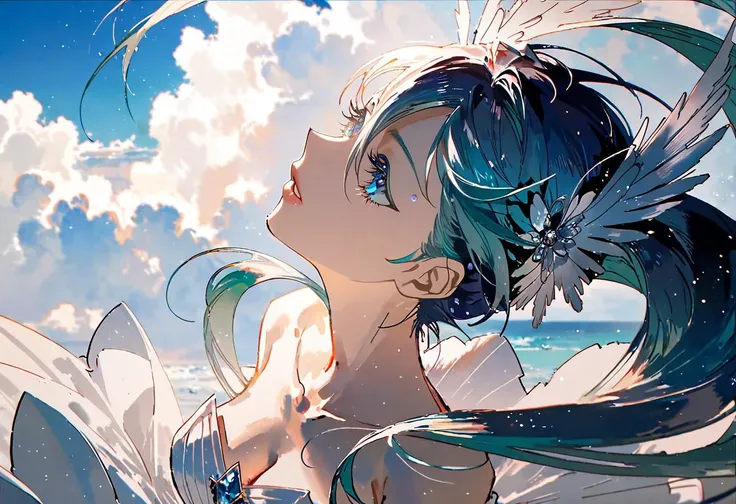 by rella, by Antonio J. Manzanedo, <lora:Rella:0.4>, 
break
watercolor,
break
hatsune_miku, solo, parted lips, detailed face, detailed eyes, detailed hair, wind effect, 
break
perspective from above,
break
strapless, bare shoulders, collarbone, V-neck wedding dress, inspired by Dame Vivienne Westwood and Takuya Igarashi,
break
Jubilant,
break
(clear blue sky), 
break
 [cel shading:impasto:0.6],
break
beautiful, aesthetic, detailed, beautiful color, amazing quality,