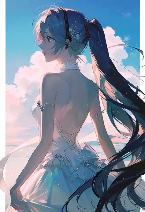by rella, by ask, <lora:Rella:0.6>, 
break
watercolor,
break
hatsune_miku, solo, parted lips, detailed face, detailed hair, wind effect, 
break
strapless, bare shoulders, collarbone, Backless wedding dress, inspired by Hedi Slimane
break
Delightful,
break
clear blue sky, 
break
 [flat-pasto:flat-pasto:0.6],
break
beautiful, aesthetic, detailed, beautiful color, amazing quality, best quality, high quality,