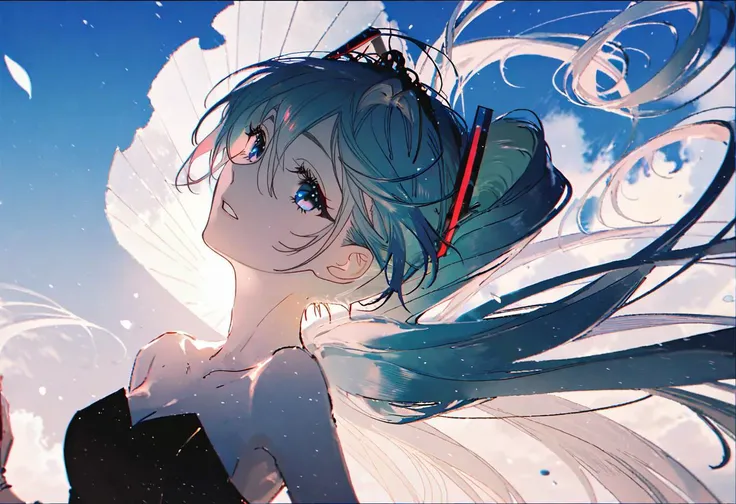 by rella, by Coby Whitmore, <lora:Rella:0.5>, 
break
watercolor,
break
hatsune_miku, solo, parted lips, detailed face, detailed eyes, detailed hair, wind effect, 
break
perspective from below,
break
strapless, bare shoulders, collarbone, Sleeveless wedding dress, inspired by Yves Saint Laurent, 
break
Cheery,
break
clear blue sky, 
break
 [cel shading:realistic:0.6],
break
beautiful, aesthetic, detailed, beautiful color, amazing quality,