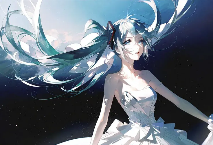by rella, by dsmile9, <lora:Rella:0.6>, 
break
watercolor,
break
hatsune_miku, solo, parted lips, detailed face, detailed eyes, detailed hair, wind effect, 
break
from side,
break
strapless, bare shoulders, collarbone, Bohemian wedding dress, inspired by Yoshiaki Kawajiri,
break
Radiant,
break
(clear blue sky), 
break
 [pseudo-impasto:cel shading:0.6],
break
beautiful, aesthetic, detailed, beautiful color, amazing quality,