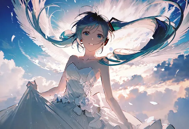 by rella, by Conor Harrington, <lora:Rella:0.6>, 
break
watercolor,
break
hatsune_miku, solo, parted lips, detailed face, detailed eyes, detailed hair, wind effect, 
break
dynamic angle,
break
strapless, bare shoulders, collarbone, Colorful wedding dress, inspired by Peter Morrissey, 
break
Jubilant,
break
clear blue sky, 
break
 [photorealistic:flat-pasto:0.6],
break
beautiful, aesthetic, detailed, beautiful color, amazing quality,