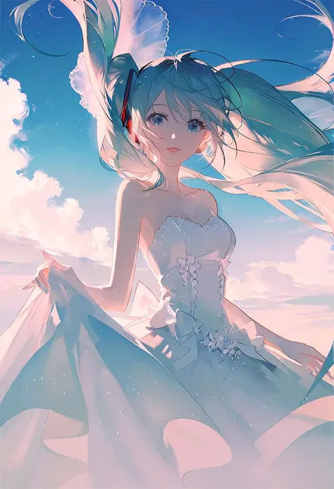 by rella, by dsmile9, break
watercolor,
break
hatsune_miku, solo, parted lips, detailed face, detailed eyes, detailed hair, wind effect, 
break
dynamic angle,
break
strapless, bare shoulders, collarbone, Off-the-shoulder wedding dress, inspired by Hajime Isayama, depth of field, masterpiece, best quality, realistic light and shadow, high key lighting, (balanced photo, balanced exposure)
break
Gratified,
break
(clear blue sky), 
break
 [clean color:flat-pasto:0.6],
break
beautiful, aesthetic, detailed, beautiful color, amazing quality,