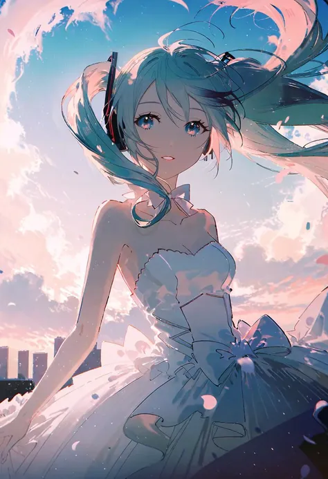 by rella, by Uemura Shoen, <lora:Rella:0.6>, 
break
watercolor,
break
hatsune_miku, solo, parted lips, detailed face, detailed eyes, detailed hair, wind effect, 
break
dutch angle,
break
strapless, bare shoulders, collarbone, Princess wedding dress, inspired by Takashi Takeuchi (Character Designer),
break
Uplifted,
break
(clear blue sky), 
break
 [thin-pasto:clean color:0.6],
break
beautiful, aesthetic, detailed, beautiful color, amazing quality,