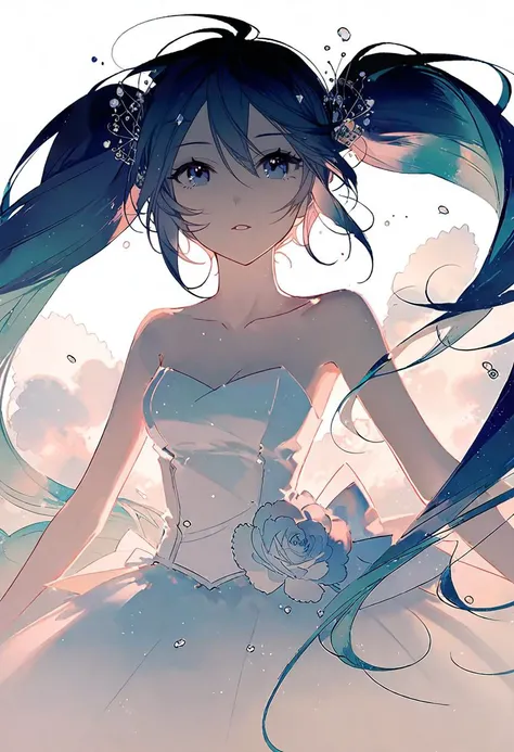 by rella, by ask, <lora:Rella:0.5>, 
break
watercolor,
break
hatsune_miku, solo, parted lips, detailed face, detailed eyes, detailed hair, wind effect, 
break
dynamic angle,
break
strapless, bare shoulders, collarbone, Simple wedding dress, inspired by Nobuteru Yuki (Character Designer),
break
Gratified,
break
(clear blue sky), 
break
 [clean color:celluloid:0.6],
break
beautiful, aesthetic, detailed, beautiful color, amazing quality,
