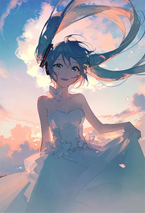 by rella, by ask, <lora:Rella:0.6>, 
break
watercolor,
break
hatsune_miku, solo, parted lips, detailed face, detailed eyes, detailed hair, wind effect, 
break
perspective from below,
break
strapless, bare shoulders, collarbone, Simple wedding dress, inspired by Junichi Sato,
break
Pleased,
break
(clear blue sky), 
break
 [pseudo-impasto:3d:0.6],
break
beautiful, aesthetic, detailed, beautiful color, amazing quality,