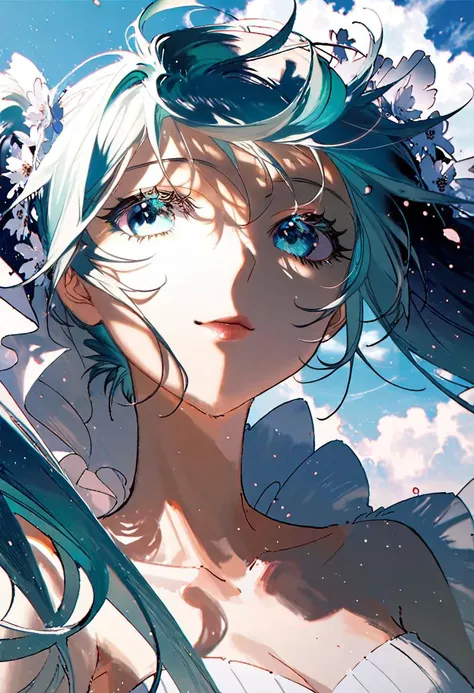 by rella, by dsmile9, <lora:Rella:0.4>, 
break
watercolor,
break
hatsune_miku, solo, parted lips, detailed face, detailed eyes, detailed hair, wind effect, 
break
dynamic angle,
break
strapless, bare shoulders, collarbone, Illusion neckline wedding dress, inspired by Yoh Yoshinari,
break
Thrilled,
break
(clear blue sky), 
break
 [photorealistic:photorealistic:0.6],
break
beautiful, aesthetic, detailed, beautiful color, amazing quality,