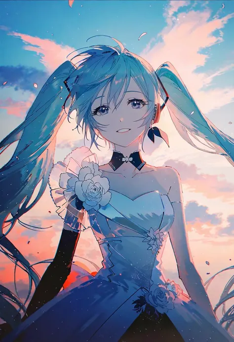 Writer: Rella, Writer: dsmile9, break
watercolor,
break
hatsune_Miku, alone, chapped lips, detailed face, detailed eyes, detailed hair, wind effect, 
break
dutch angle,
break
strapless, bare shoulders, clavicle, ruffle wedding dress, inspired by Atsushi Nishigori (Character Designer),
break
Delightful,
break
(a clear blue sky), 
break
 [Clean color:cell shading:0.6],
break
beautiful, aesthetic, detailed, beautiful colors, amazing quality,