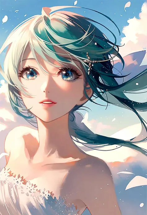 by rella, by dsmile9, <lora:Rella:0,1>, 
break
watercolor,
break
hatsune_miku, solo, parted lips, detailed face, detailed eyes, detailed hair, wind effect, 
break
close up,
break
strapless, bare shoulders, collarbone, One-shoulder wedding dress, inspired by Mari Okada,
break
Uplifted,
break
(clear blue sky), 
break
 [realistic:realistic:0.6],
break
beautiful, aesthetic, detailed, beautiful color, amazing quality,