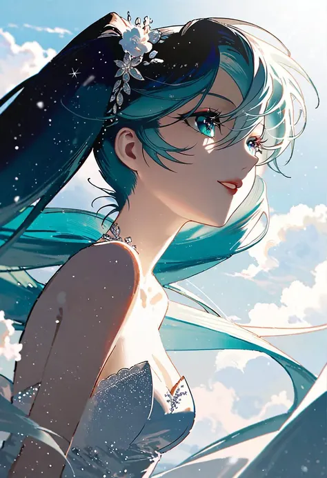 by rella, by Ivan Aivazovski, <lora:Rella:0.2>, 
break
watercolor,
break
hatsune_miku, solo, parted lips, detailed face, detailed eyes, detailed hair, wind effect, 
break
from side,
break
strapless, bare shoulders, collarbone, Vintage wedding dress, inspired by Takahiro Kishida (Character Designer),
break
Ecstatic,
break
(clear blue sky), 
break
 [realistic:clean color:0.6],
break
beautiful, aesthetic, detailed, beautiful color, amazing quality,
