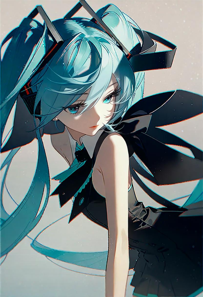 Anime girl with blue hair and black dress with a blue bow - SeaArt AI
