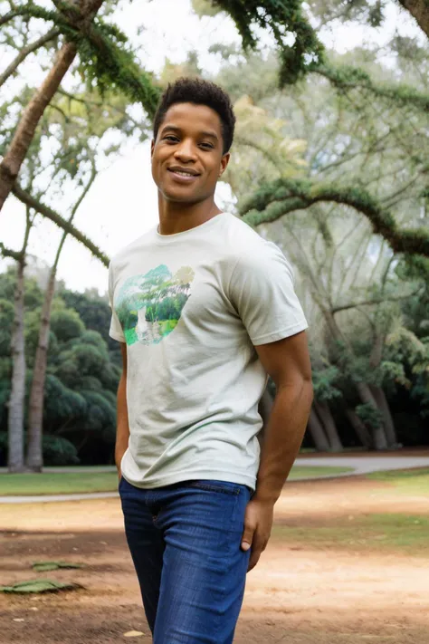 photo of sc_landon (dark-skinned male:0.5) <lora:prodigy_sc_landon-08:0.85>, wearing a light-colored t-shirt and dark indigo jeans, standing outdoors in a park, greenery trees in the background, soft natural light light, slight warm hue, vibrant lively mood