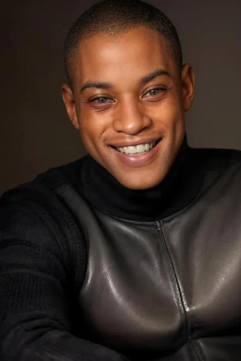 professional studio photo of sc_landon <lora:prodigy_sc_landon-08:1>, wearing a black turtle neck sweater, looking at the camera, smirk, teeth showing, fade haircut, simple background, dark-skinned male