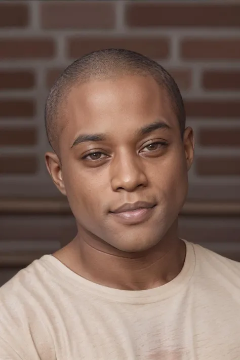 closeup face portrait headshot photo of sc_landon (dark-skinned male:0.5) <lora:prodigy_sc_landon-08:0.75>, wearing a light tan fitted t-shirt, weathered brick, soft diffused natural light, warm inviting atmosphere