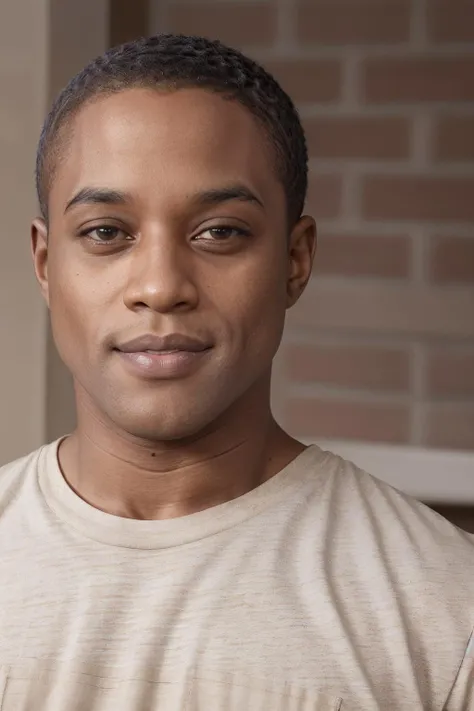 closeup face portrait headshot photo of sc_landon (dark-skinned male:0.5) <lora:prodigy_sc_landon-08:0.75>, wearing a light tan fitted t-shirt, weathered brick, soft diffused natural light, warm inviting atmosphere