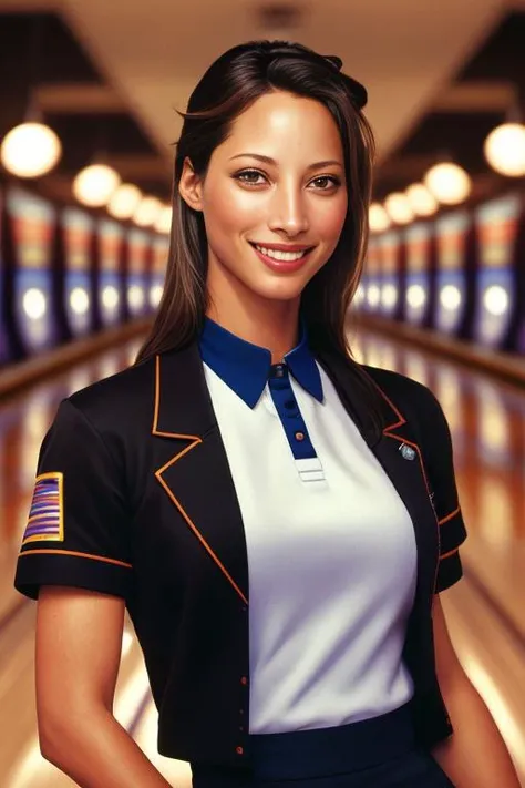 photo of CTurlington, a woman as a bowler, modelshoot style, (extremely detailed CG unity 8k wallpaper), Intricate, High Detail, Sharp focus, smiling, photorealistic painting art by midjourney and greg rutkowski , ((in a bowling alley)), ((bowling)), (looking at viewer), (detailed pupils:1.2), (clerk uniform:1.3) brightly lit, <lora:CTurlington:0.7>
