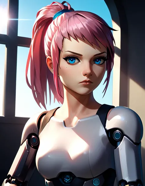 score_6_up, 8k, ultra-detailed, realistic, 3d, cyperpunk, 1girl, looking at viewer, serious, cybernetics, mechanical eye, <lora:felicia-fe-richy-v1_xl:1>, feliciarnd, pink hair, ponytail, blue eyes, sunlight, window