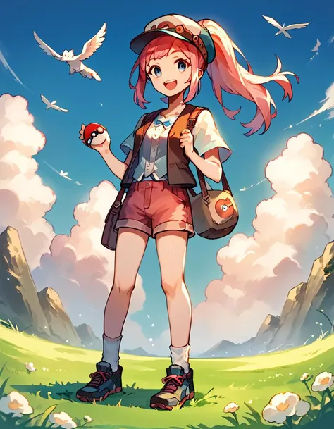 score_9, score_8_up, score_7_up, score_6_up, 1girl, full body, standing, looking at viewer, smile, open mouth, excited, holding pokeball, shorts, knee socks, vest, hat, <lora:felicia-fe-richy-v1_xl:1>, feliciarnd, pink hair, ponytail, blue eyes, grass, sky, cloud