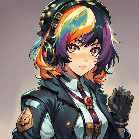 score_9, score_8_up, score_7_up, score_6_up, score_5_up, score_4_up, art by reiq, techwear jacket, (big hair, nihongami, rainbow hair), orange eyes, detailed eyes, techwear jacket, , , Trench Coat, , polka dot background, octane render, colorful