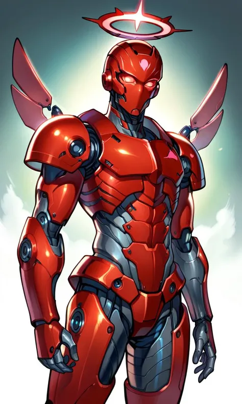 score_9, score_8_up, score_7_up, score_6_up, score_5_up, score_4_up, source_anime, rating_save, digital art, by reiq, halo, cowboy shot, front view of skinny boy, celectial robot, cybernetic arms, cybernetic eyes, robot armor, red and black color, simple white background