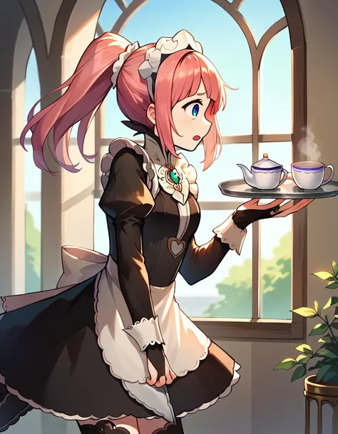 score_9, score_8_up, score_7_up, score_6_up, 1girl, solo, profile, slipping, falling, carrying tea tray, teacups, open mouth, worried expression, <lora:felicia-fe-richy-v1_xl:1>, feliciadef, pink hair, ponytail, blue eyes, maid headdress, brooch, maid apron, black thighhighs, bridal gauntlets, mansion, window