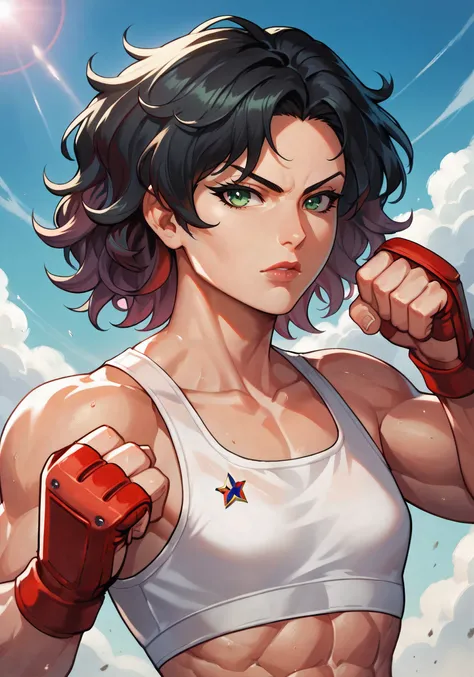 headshot, looking at viewer :: fighting stance, punching, clenched hands :: 1girl, woman, (adult:1.3), (mature:1.2) :: badass, strong, muscular, athletic, bodybuilder, (toned), (flat chest:1.2), serious, focused :: (black hair), (red-tipped hair:1.1), medium hair, thick hair, wavy hair :: green eyes, eyelashes :: wearing white crop top