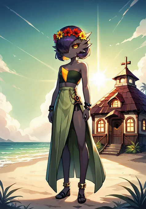 prehistoric beach, straw cottage, outside :: full body, looking at viewer, (gardevoir), (black skin), black sclera, hawaiian goth, small chest, standing :: friendly, neutral expression :: wearing dark green crop top, off-the-shoulder, sleeveless, strapless, dark green midi skirt, side slit, dark flower crown, anklet :: dark purple hair, medium hair, textured hair, hair covering one eye, rounded bangs :: golden eye, yellow eye, gorgeous eye, reflective eyes, tsurime :: natural lighting, perfect lighting, perfect white balance, ray tracing, sidelighting, bloom :: perfect shadows, perfect shading