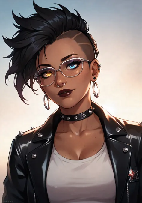 sfw, looking at viewer, dutch angle, looking down, upper body, (milf), (middle-aged), very dark skin, 1girl, freckles, lip piercing, ear piercing, nose piercing, punk, sitting, medium bust :: closed mouth, dark lipstick :: wearing punk jacket, open jacket, spiked jacket, fingerless gloves :: photorealistic, light makeup :: black hair, big hair, shiny hair :: heterochromia, winged eyeliner, mole, gorgeous eyes, captivating eyes, reflective eyes, eyelashes :: photorealistic, lifelike :: golden hour lighting, natural lighting, perfect lighting, perfect white balance, ray tracing, sidelighting, bloom :: perfect shadows, perfect shading