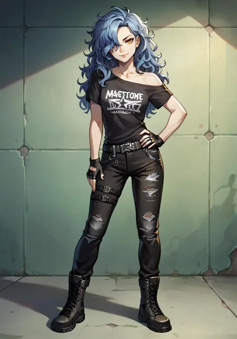 (full body), looking at viewer, solo, woman, goth, mature, adult, athletic, small bust, standing, long face, own hand on hip :: wearing black shirt, plain shirt, off-the-shoulder, exposed arms, black fingerless gloves, black pants, asymmetric pants, asymmetric clothes, combat boots :: cocky, smirk, closed mouth, head tilt :: detailed face :: (light blue hair), very long hair, hair covering one eye, hair down, wavy hair, (messy hair) :: (orange eyes), gorgeous eyes, ring eyes, detailed eyes, detailed face