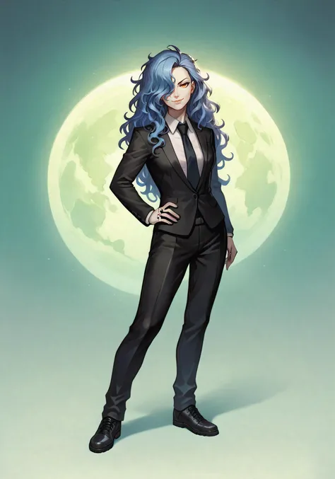 (full body), looking at viewer, solo, woman, goth, mature, adult, athletic, small bust, standing, long face, own hand on hip :: wearing black suit, tie, loose clothes :: cocky, smirk, closed mouth, head tilt :: detailed face :: (light blue hair), very long hair, hair covering one eye, hair down, wavy hair, (messy hair) :: (orange eyes), gorgeous eyes, ring eyes, detailed eyes, detailed face