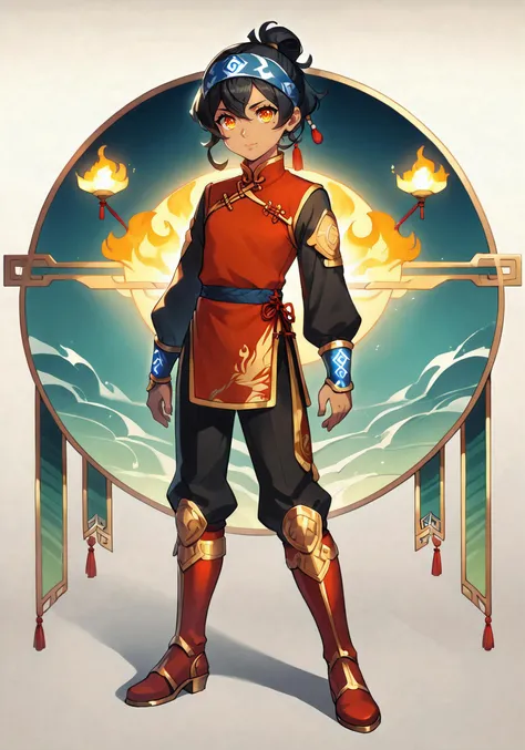 (full body), looking at viewer, eye focus :: solo, 1girl, adult, small bust, (tan), (caramel skin), multiple moles, ((mole under each eye:1.2)), (mole under mouth), firebender, short, standing :: friendly, nice, kind, calm, blank expression, closed mouth :: (black hair), wavy hair, hair up, top knot, long side bangs :: fiery orange eyes, gradient eyes, reflective eyes, jitome :: wearing dark red clothes, (Chinese clothes), long sleeves, black sleeves, gold trim, black pants, knee boots, metal boots, metal wrist plates, blue tribal headband