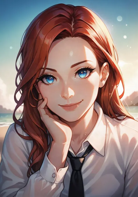 sfw, looking at viewer, looking up, upper body, (mature), (adult), 1girl, sitting, own hand on cheek, leaning forward :: pretty, friendly, happy, slight smile, closed mouth :: wearing button-up shirt, (white button-up), collared shirt, black tie :: textured skin, photorealistic skin, light makeup :: auburn hair, long hair, shiny hair, textured hair, parted bangs:: (blue eyes), gorgeous eyes, captivating eyes, reflective eyes, eyelashes :: perfect face, perfect anatomy, perfect composition :: depth of field, bokeh, blurry background :: photorealistic, lifelike :: golden hour lighting, natural lighting, perfect lighting, perfect white balance, ray tracing, sidelighting, bloom :: perfect shadows, perfect shading