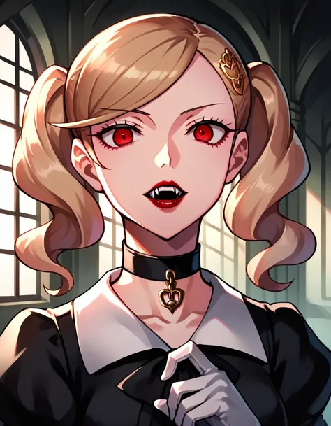 score_6_up, pixiv, portrait, 1girl, solo, ann takamaki from persona, parted lips, vampire teeth, lipstick, choker, black dress, puffy sleeves, white gloves, red eyes, indoors, mansion, sinister, horror theme