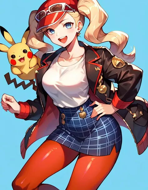 score_9, score_8_up, score_7_up, score_6_up, 1girl, thigh up, ann takamaki from persona, plaid skirt, red pantyhose, black jacket, looking at viewer, smile, open mouth, holding pikachu from pokemon, blue background