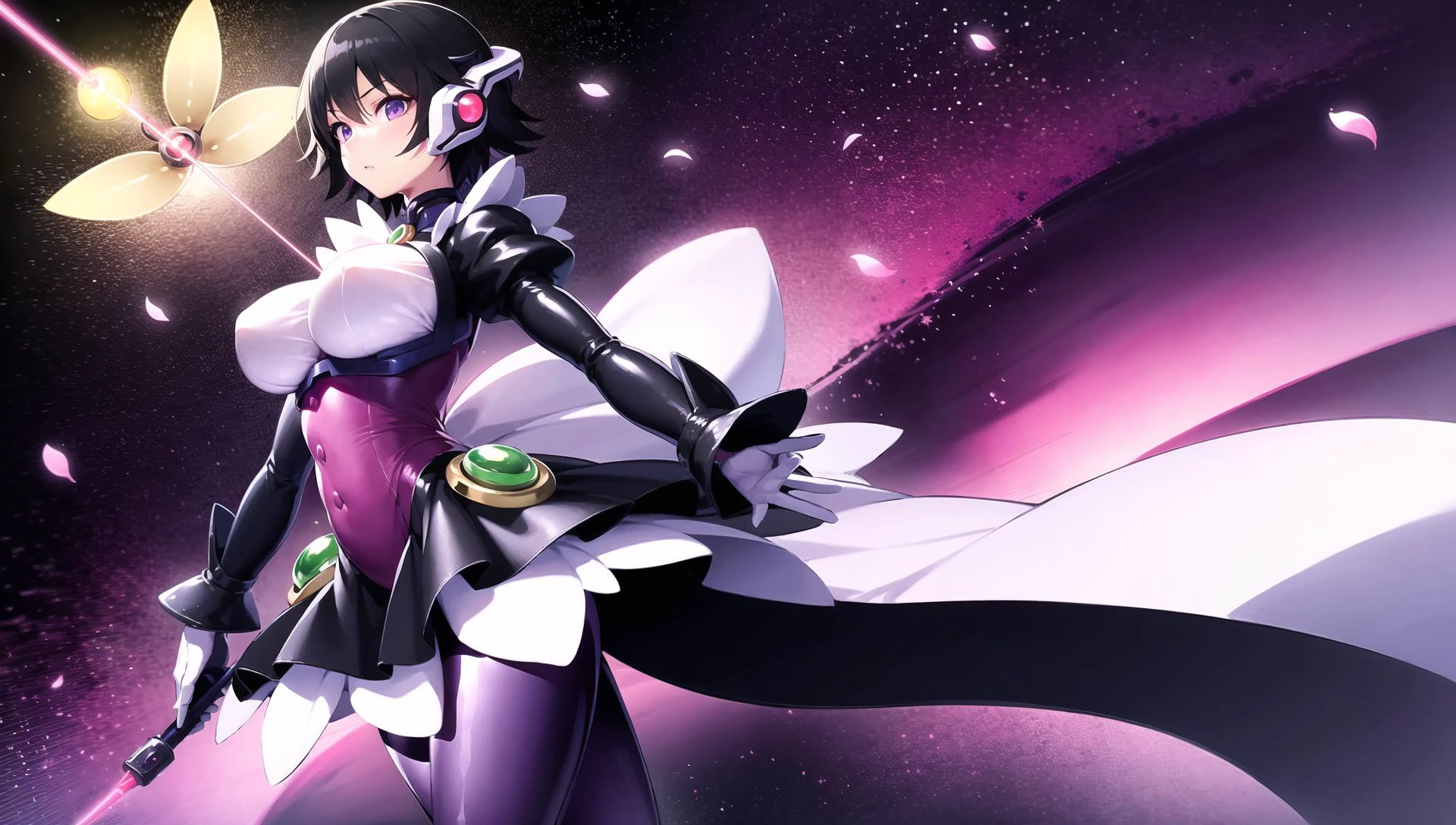 (masterpiece:1.2), (best quality), (ultra high res), (unity 8k wallpaper),
(beautiful detailed eyes:1.4), (extremely detailed face),
realistic reflection, vivid lighting, clear color,
(perfect hands,perfect anatomy),
dynamic angle,
smooth, (1 girl:1.4),
(huge breasts:1.2), (Statuesque:1.2), (Lanky:1.2), (Leggy:1.2),
dynamic pose, standing,
expressionless, blush, looking at viewer,
<lora:ai_v3_locon:0.7>, (corrector ai), (shinozaki ai), (black hair:1.2), (purple eyes:1.2), (short hair:1.2),
(puffy sleeves:1.2), (white pantyhose), (gloves, white gloves), (dress), (robot ears), (black dress:1.2), (black skirt:1.3),
(shiny latex cloth:1.3), (shiny latex dress:1.3), (covered breasts:1.2),
black high heels, purple thighhighs,
(night, dark, moon, canal, cyber space, cyber metropris, electric circuit pattern, laser, starry sky, flower, petals), (wind:1.2), from a distance, from afar,