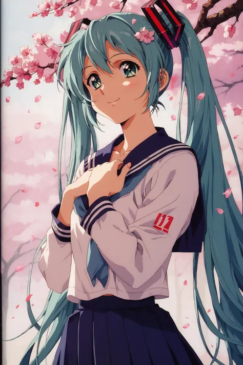 score_9,score_8_up,score_7_up,masterpiece,best quality,absurdres,
1girl,solo,hatsune miku,school uniform,auqa hair,green eyes,cherry blossoms,hair ornament,hanami,sakura,smile,looking at viewer,hand on own chest,1990s \(style\),retro artstyle,
<lora:Koh Kawarajima_XL_PONY:0.8>,