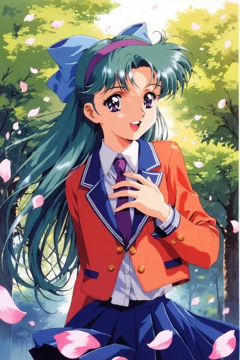 score_9,score_8_up,score_7_up,masterpiece,best quality,absurdres,
1girl,solo,long hair,skirt,hairband,school uniform,retro artstyle,open mouth,purple eyes,necktie,pleated skirt,1990s (style),petals,blazer,jacket,blue skirt,hair bow,bow,long sleeves,smile,blue hair,green hair,hand on own chest,tree,looking at viewer,
<lora:Koh Kawarajima_XL_PONY:0.8>,