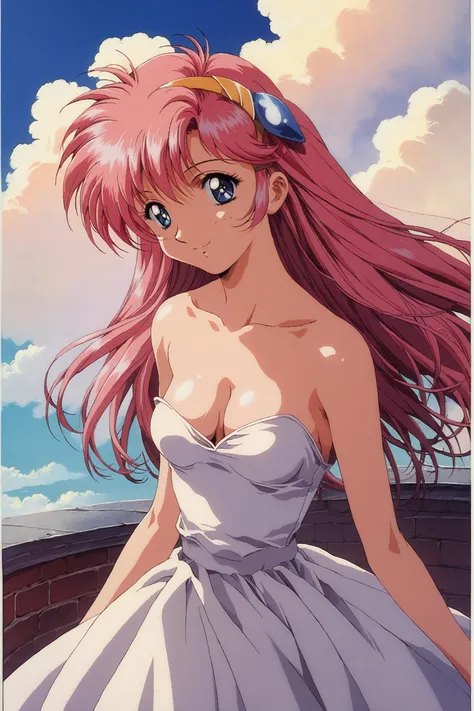 score_9,score_8_up,masterpiece,best quality,absurdres,
Lacus Clyne,1girl,solo,pink hair,breasts,long hair,hair ornament,cleavage,sky,day,haro,cloud,small breasts,white dress,looking at viewer,smile,1990s \(style\),retro artstyle,
<lora:Koh Kawarajima_XL_PONY:0.8>,